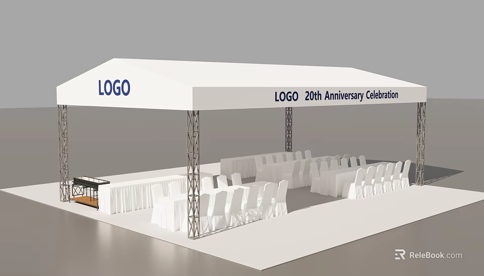 White Tent Setup for 20th Anniversary Celebration with Tables and Chairs 3d model 