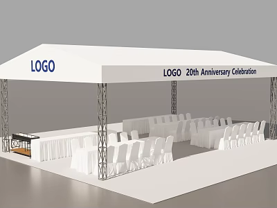 White Tent Setup for 20th Anniversary Celebration with Tables and Chairs 3d model