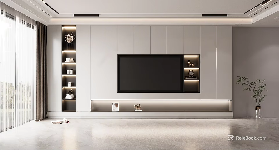 Modern TV Wall Interior Design With Built-in TV White Cabinets Side Shelves And LED Lighting 3d model 