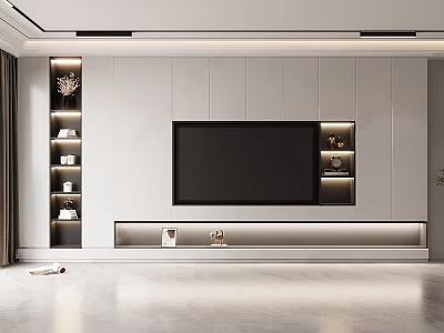 Modern TV Wall Interior Design With Built-in TV White Cabinets Side Shelves And LED Lighting 3d model