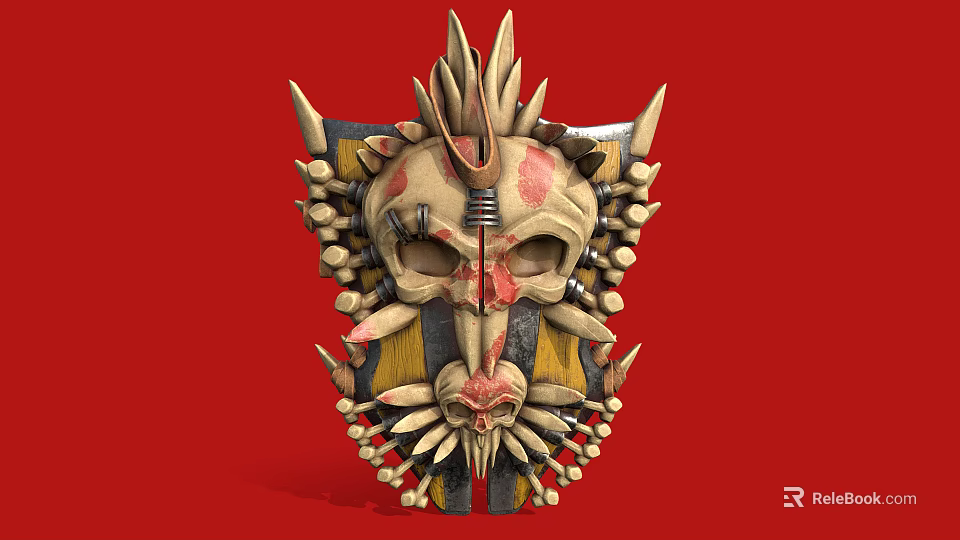 Ornate Spiked Skull Mask With Yellow Black Accents On Red Background 3d model 
