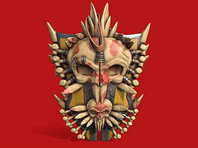 Ornate Spiked Skull Mask With Yellow Black Accents On Red Background 3d model