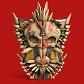 Ornate Spiked Skull Mask With Yellow Black Accents On Red Background