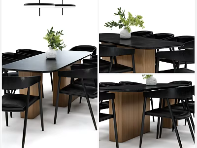 Modern Dining Table Set With Black Chairs Wooden Table And Green Plant 3d model