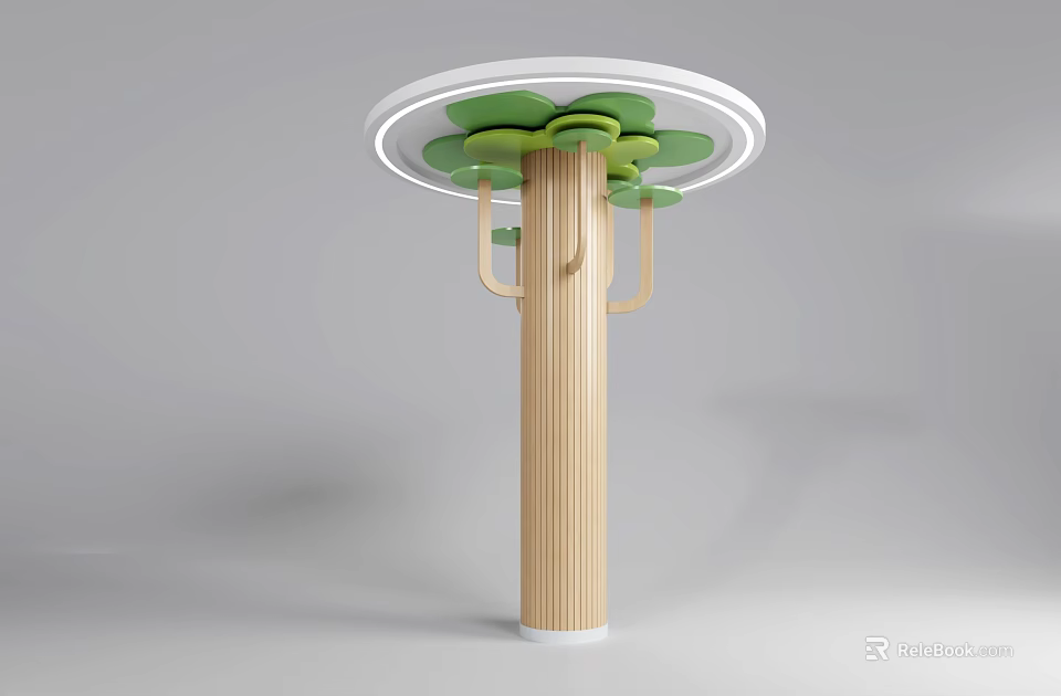 Decorative Wooden Column With Vertical Stripes White Circular Top Green Leaf Designs And Curved Brackets 3d model 
