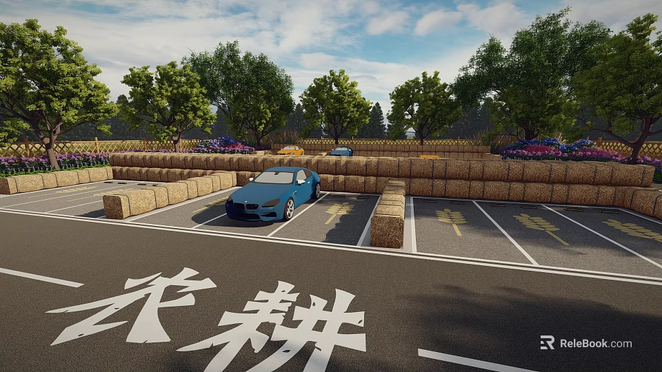 Rural Farm Parking Lot With Blue Car Hay Bales Trees And Flowers 3d model 