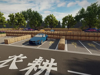 Rural Farm Parking Lot With Blue Car Hay Bales Trees And Flowers 3d model