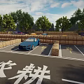 Rural Farm Parking Lot With Blue Car Hay Bales Trees And Flowers