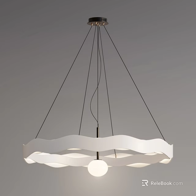 Modern White Chandelier With Wave Shaped Ring And Central Globe Bulb 3d model 
