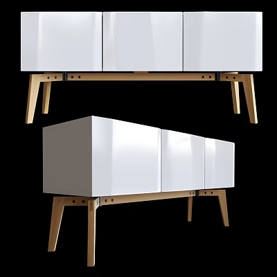 Modern White TV Stand With Wooden Legs And Storage Cabinets For Living Room 3d model