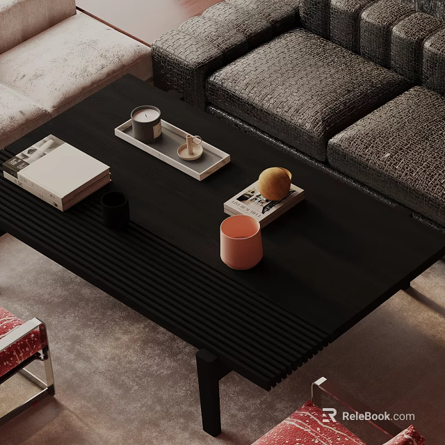 Dark Sofa And Black Striped Coffee Table Set With Books Candle Fruit And Mug 3d model 