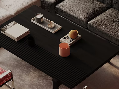 Dark Sofa And Black Striped Coffee Table Set With Books Candle Fruit And Mug 3d model
