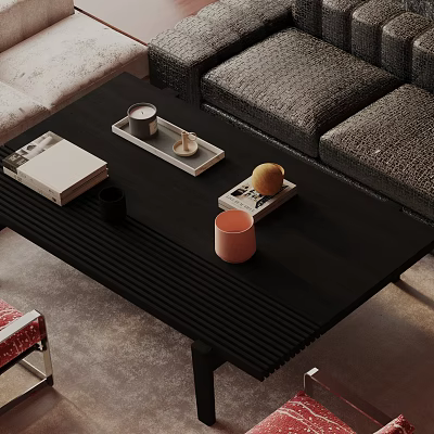Dark Sofa And Black Striped Coffee Table Set With Books Candle Fruit And Mug 3d model