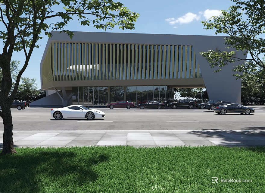 Modern Commercial Complex With Vertical Stripe Facade Parking Lot Cars Trees And Green Lawn 3d model 