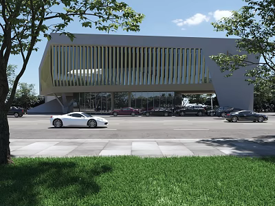 Modern Commercial Complex With Vertical Stripe Facade Parking Lot Cars Trees And Green Lawn 3d model
