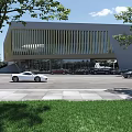 Modern Commercial Complex With Vertical Stripe Facade Parking Lot Cars Trees And Green Lawn