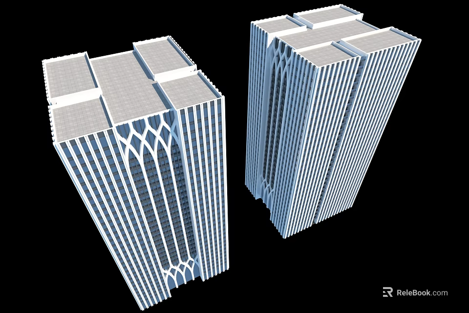 Modern High Rise Office Buildings With Vertical Lines And Top Geometric Patterns 3d model