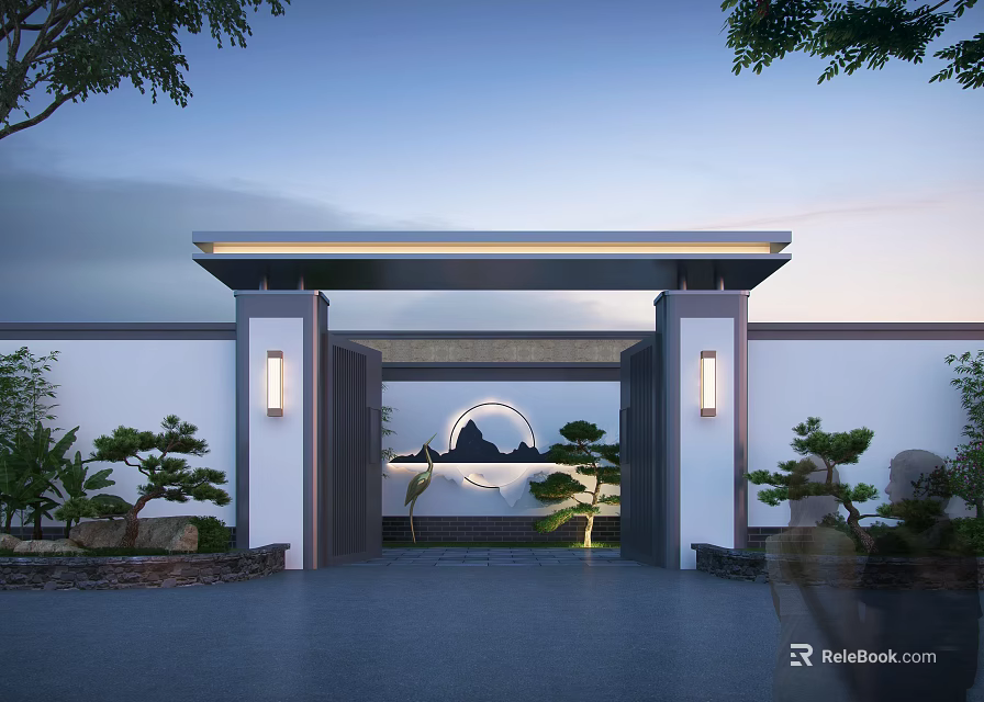 Chinese Style Entrance Gate Design With Round Moon Decor Distant Mountain Pattern And Green Plants 3d model 