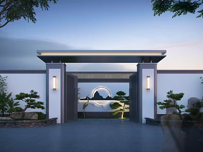 Chinese Style Entrance Gate Design With Round Moon Decor Distant Mountain Pattern And Green Plants 3d model