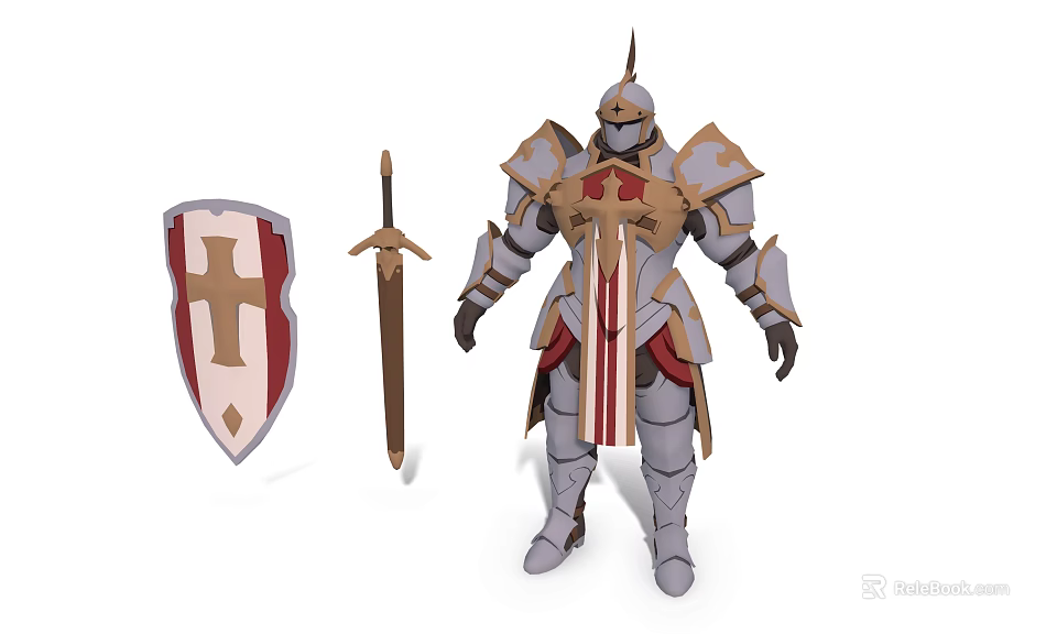 Man In Medieval Armor With Cross Shield And Decorative Sword Standing 3d model 