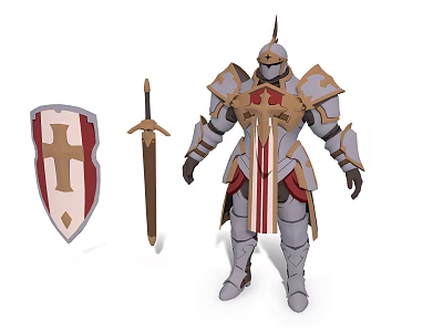Man In Medieval Armor With Cross Shield And Decorative Sword Standing 3d model