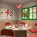 Traditional Hotpot Restaurant With Red Banners Wooden Tables Lattice Partitions And Green Plants