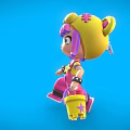 Colorful 3D Cartoon Game Character With Purple Hair Yellow Hat Pink Overalls And Yellow Bucket