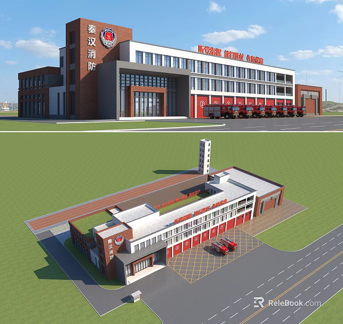 Modern Fire Station Exterior Design With Red Doors And Fire Trucks 3d model 