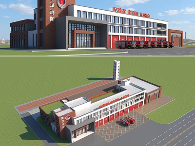 Modern Fire Station Exterior Design With Red Doors And Fire Trucks 3d model