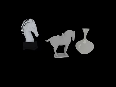 White Carved Horse Head And Full Body Sculptures With Vase Artwork 3d model