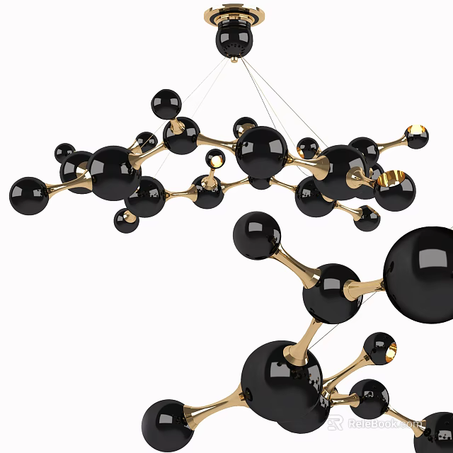 Modern Geometric Chandelier With Black Spheres And Golden Metal Frame 3d model 