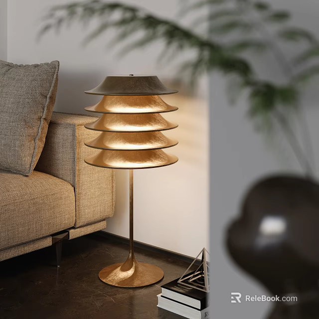 Modern Gold Layered Shade Floor Lamp In Cozy Living Room With Sofa And Plant 3d model 