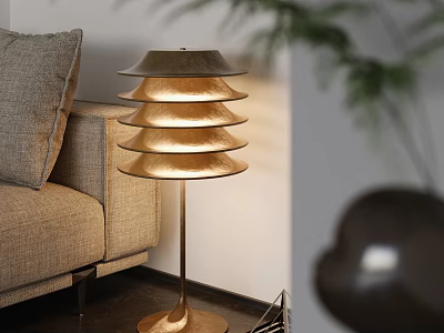 Modern Gold Layered Shade Floor Lamp In Cozy Living Room With Sofa And Plant 3d model