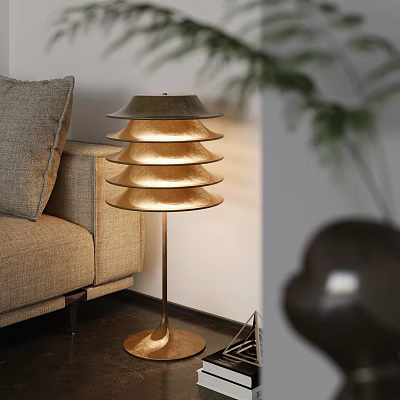 Modern Gold Layered Shade Floor Lamp In Cozy Living Room With Sofa And Plant 3d model