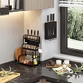 Kitchen Countertop With Knife Holder Spice Rack Bottles Cutting Board And Greenery View