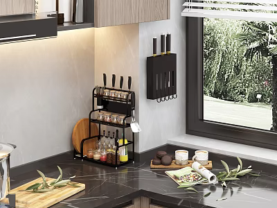 Kitchen Countertop With Knife Holder Spice Rack Bottles Cutting Board And Greenery View 3d model