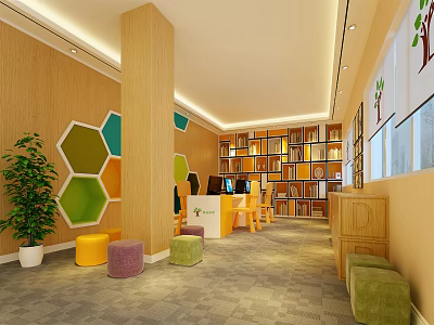 Bright Public Office Space With Wooden Walls Hexagon Decor And Colorful Bookshelves 3d model