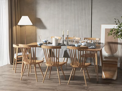 Modern Wooden Dining Table Set With Chairs Tableware Floor Lamp And Decor 3d model