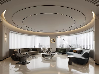 Modern Living And Dining Room Interior With Circular Ceiling Large Windows And Comfortable Sofas 3d model