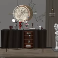 Wooden Entryway Cabinet And Sideboard With Circular Mirror Decorative Items Green Plant Art Statue