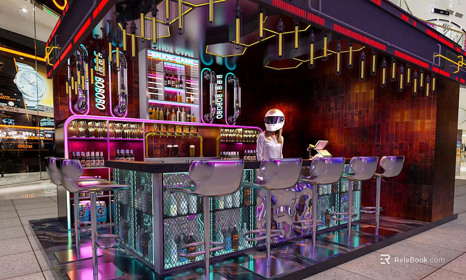 Modern Bar Interior With Neon Lights Bar Counter And Metal Bar Stools 3d model 