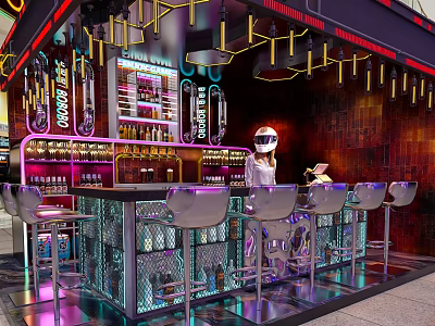 Modern Bar Interior With Neon Lights Bar Counter And Metal Bar Stools 3d model