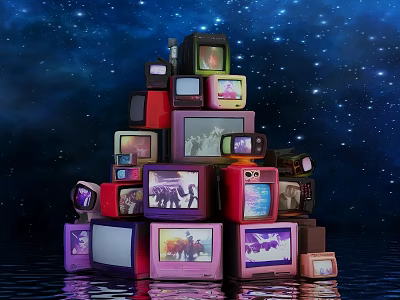 Stacked Vintage TVs Photo Spot With Starry Sky And Water Surface 3d model