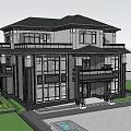 Modern Chinese Detached Villa Exterior With Large Windows Balcony Pink Flowering Trees And Green Plants