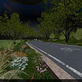 Scenic Park Landscape With Lush Trees Flower Beds Winding Path Distant Mountains And Blue Sky