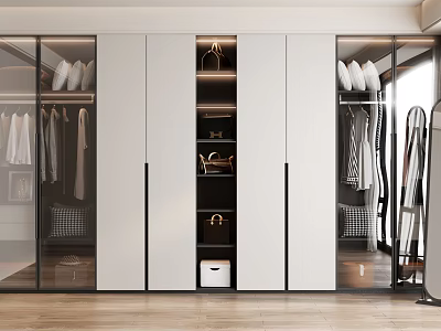 Modern Wardrobe Interior Design With Glass Doors Hanging Clothes And Shelves 3d model