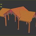Outdoor Architectural Structure Featuring Multiple Orange Tiled Roofs Wooden Frame And Supporting Pillars