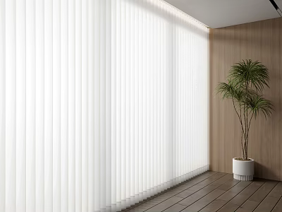White Vertical Pleated Curtains In Modern Interior With Wooden Wall And Green Plant 3d model