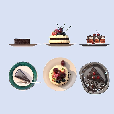 Assorted Decorated Cakes Including Sliced Desserts With Fresh Fruits Cherries And Chocolate Toppings On Plates 3d model