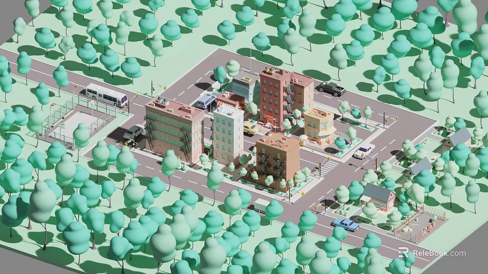 Colorful Cartoon City Scene With Various Buildings Green Trees And Vehicles On Streets 3d model 